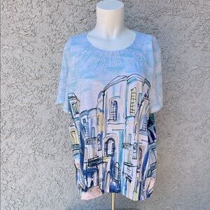 Alfred Dunner European City Landscape Graphic Blue Sky Short Sleeve Blouse Shirt